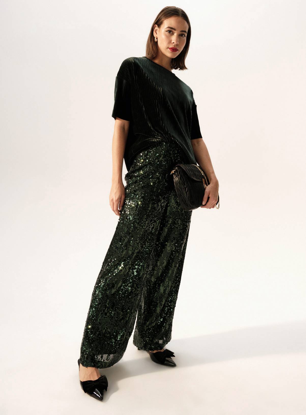 Dark Green Sequin Wide Leg Trousers  10R - Image 2